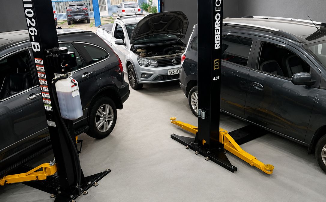 Área de serviço da 0KM com elevadores e carros em manutenção